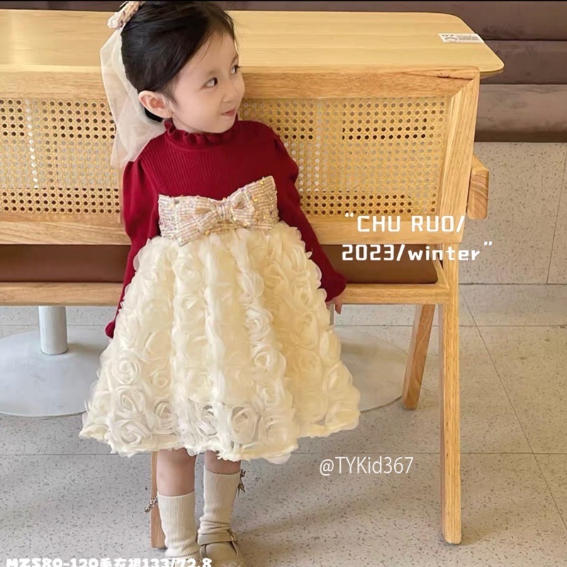 V367-Váy len đỏ cao cấp bé gái, phối voan 3d hoa hồng kem Tiểu Yến KID