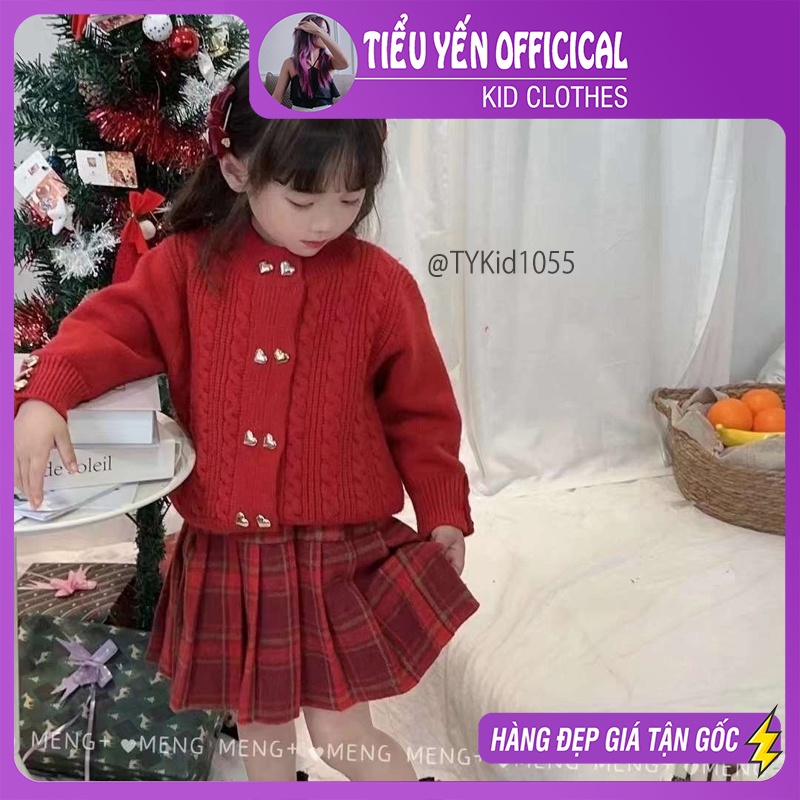 S1055-Set len đỏ cao cấp bé gái, áo khoác len 2 hàng cúc và chân váy dạ xếp ly Tiểu Yến KID