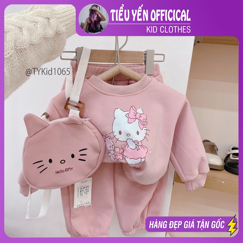 S1065-Bộ nỉ thu đông bé mèo hồng kèm túi, chất nỉ dày dặn lót nỉ ấm Tiểu Yến KID