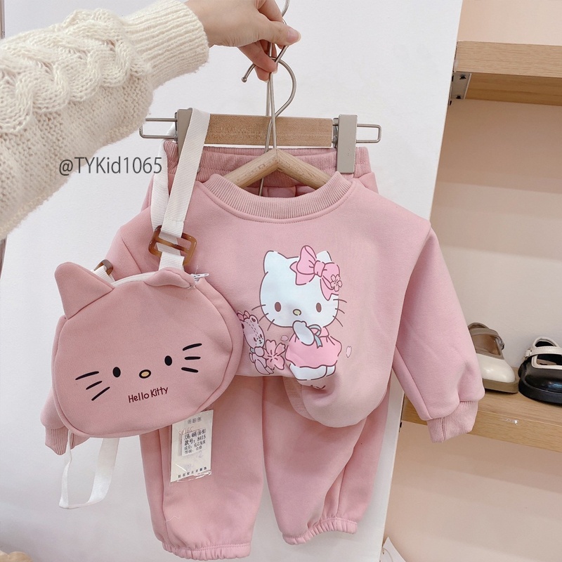 S1065-Bộ nỉ thu đông bé mèo hồng kèm túi, chất nỉ dày dặn lót nỉ ấm Tiểu Yến KID