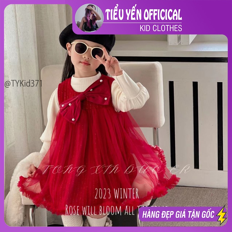 V371-Váy nhung đỏ cao cấp bé gái, gồm áo nỉ giữ nhiệt và váy nhung voan xòe Tiểu Yến KID