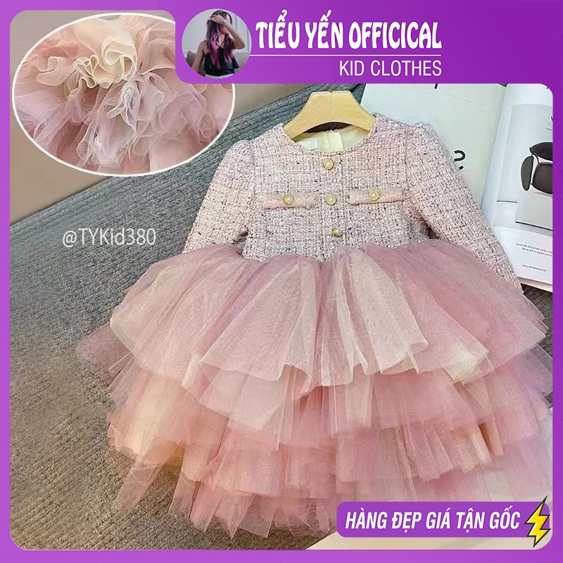 V380-Váy công chúa cao cấp bé gái, chất dạ tweed mềm phối voan bồng bềnh Tiểu Yến KID