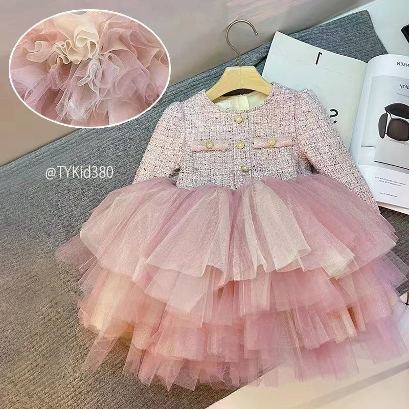 V380-Váy công chúa cao cấp bé gái, chất dạ tweed mềm phối voan bồng bềnh Tiểu Yến KID