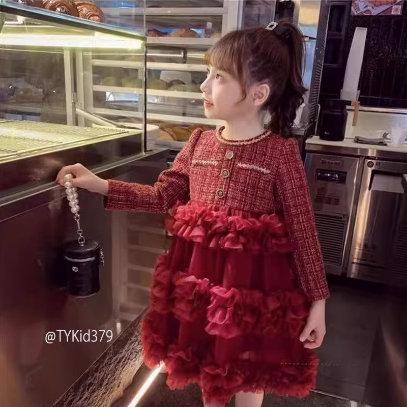 V379-Váy công chúa cao cấp bé gái, dạ tweed đỏ phối voan Tiểu Yến KID