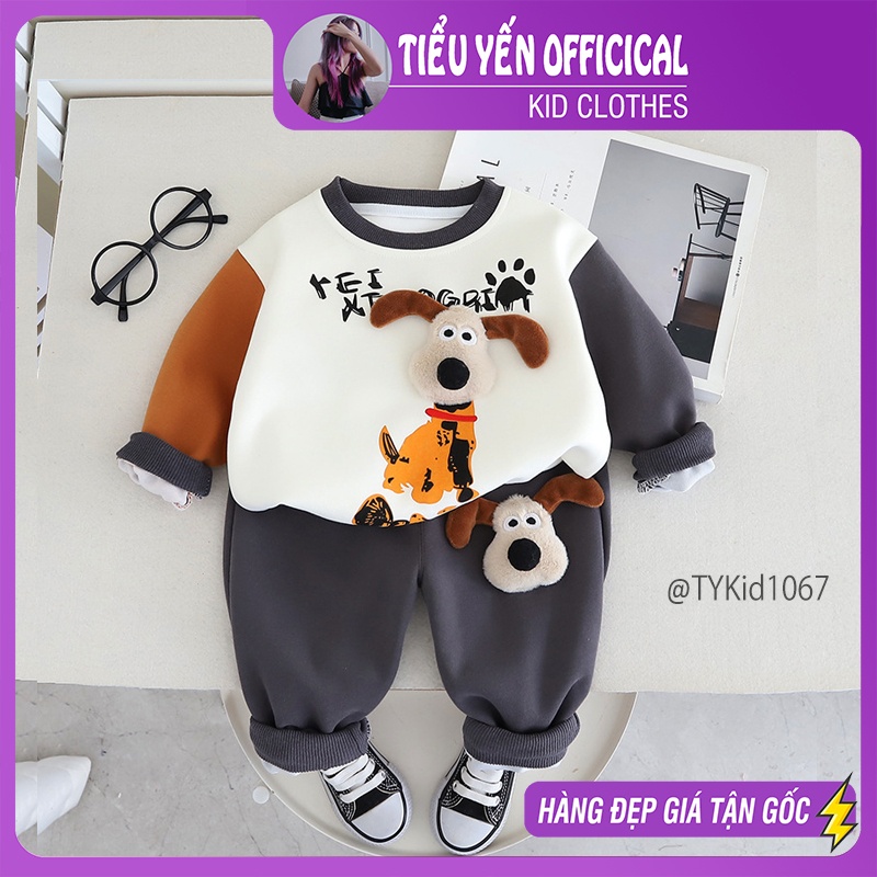 S1067-Bộ nỉ thu đông bé trai, áo nỉ tay nâu hình cún 3D Tiểu Yến KID