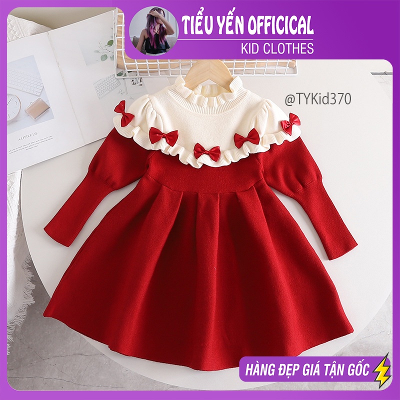 V370-Váy len đỏ cao cấp bé gái, cổ len kem đính nơ, len dày đanh mịn Tiểu Yến KID