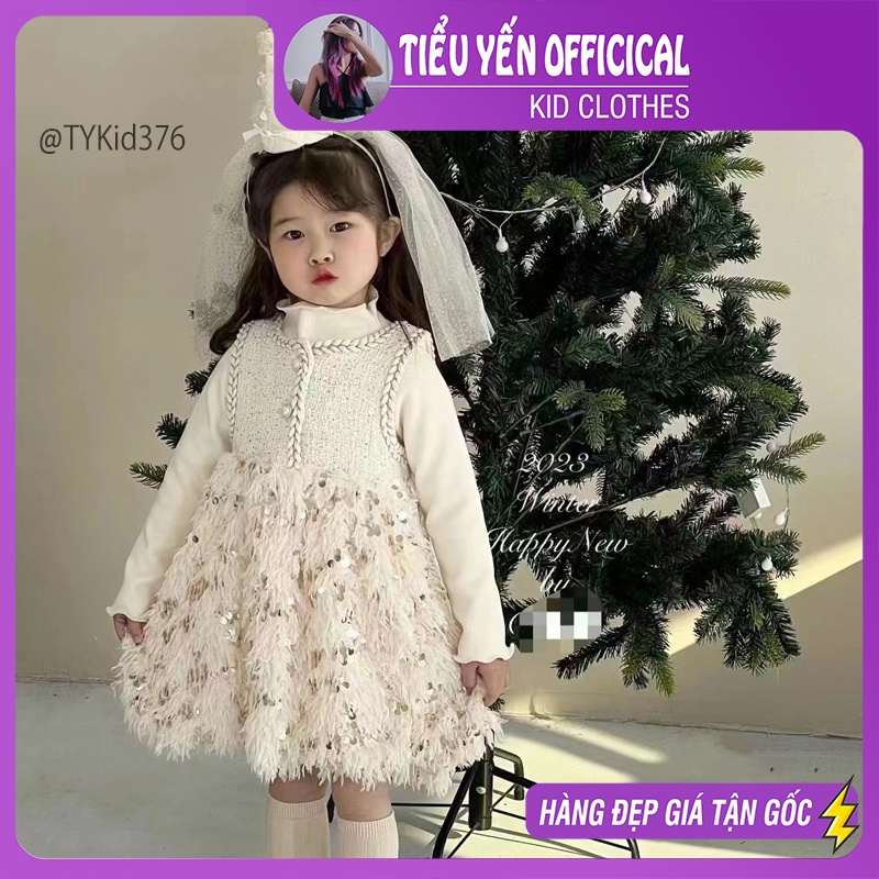 V376-Váy công chúa cao cấp bé gái, áo nỉ và váy dạ phối lông màu be Tiểu Yến KID