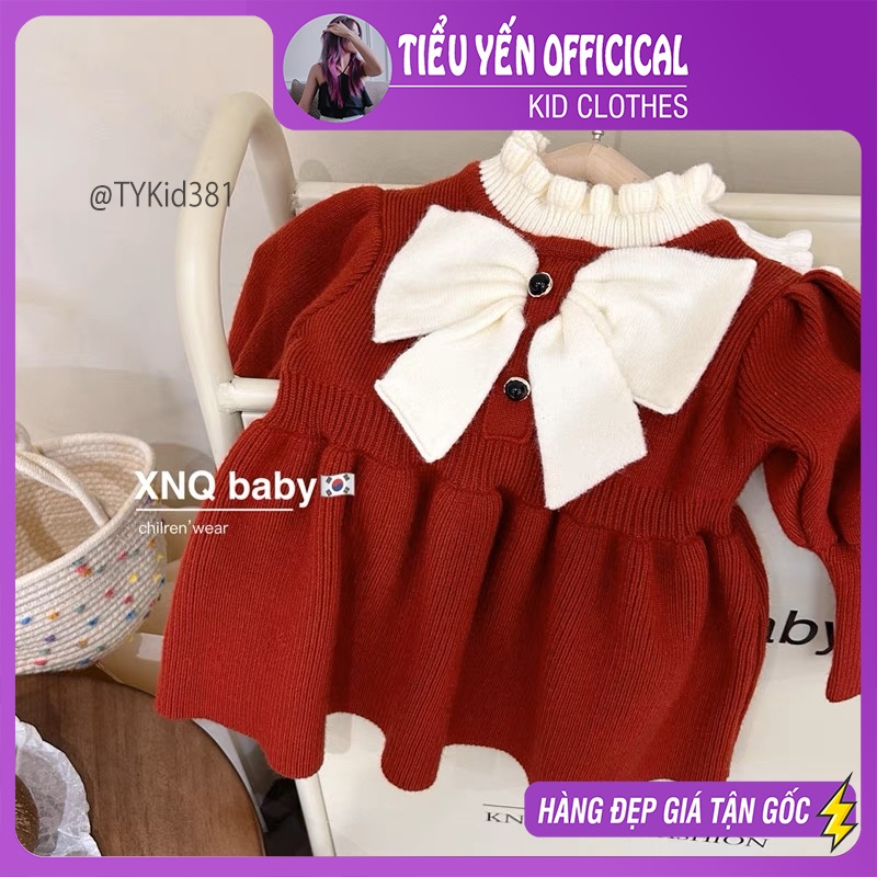 V381-Váy len đỏ cao cấp bé gái, cổ nơ trắng, chất len dày dặn Tiểu Yến KID