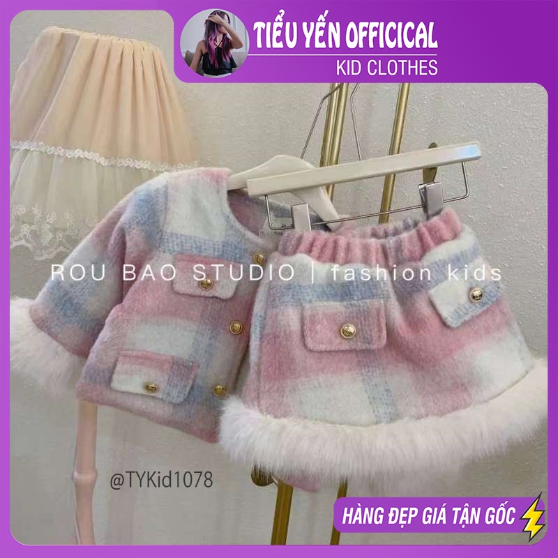 S1078-Set dạ cao cấp bé gái màu caro cầu vồng, dạ dày dặn trần bông Tiểu Yến KID