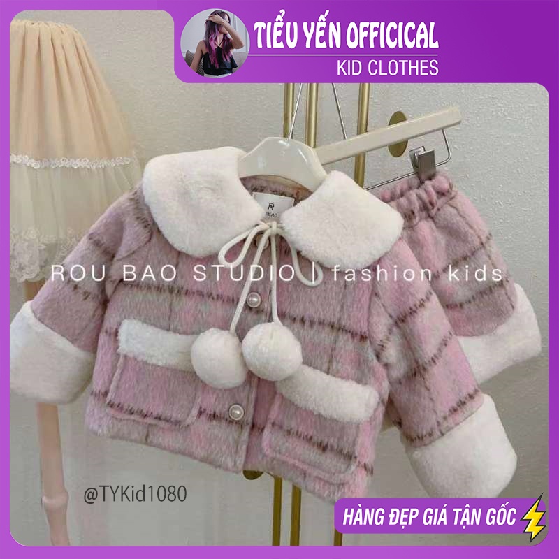 S1080-Set dạ cao cấp bé gái, màu caro hồng tím, dạ trần bông Tiểu Yến KID