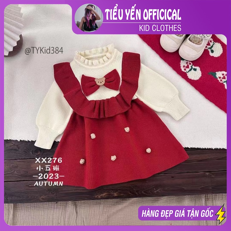 V384-Váy len đỏ cao cấp bé gái, phối nơ gấu đỏ, len dày dặn Tiểu Yến KID