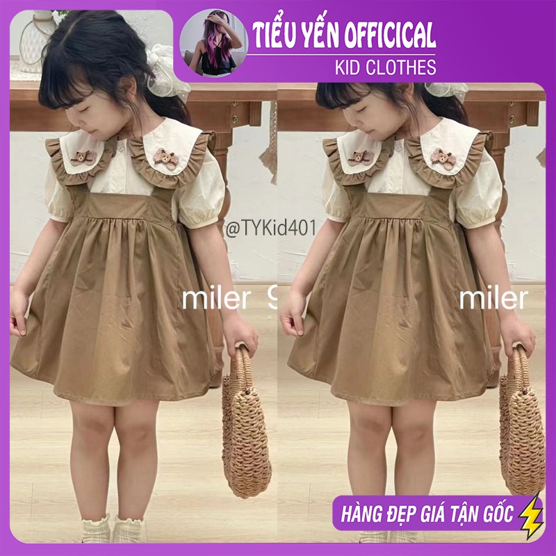 V401-Váy hè bé gái, váy yếm nâu chất thiệu vải mềm Tiểu Yến KID