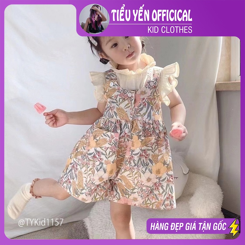 S1157-Quần áo hè bé gái phong cách hàn, set yếm kaki và áo thô cánh tiên rời Tiểu Yến KID