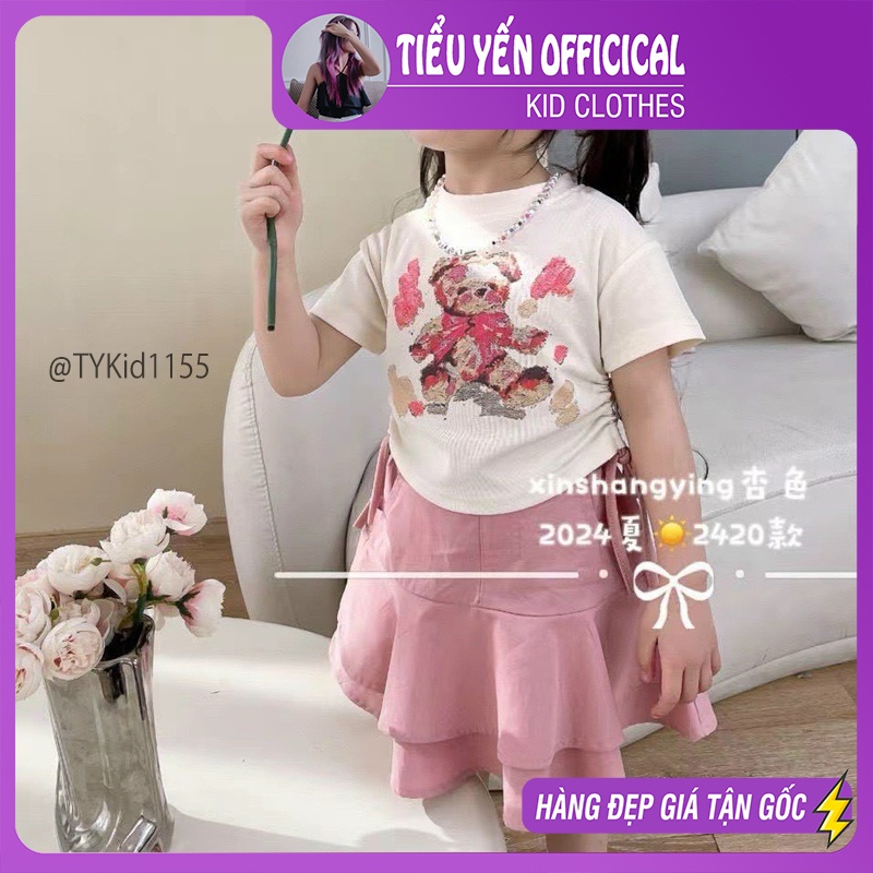 S1155-Quần áo hè bé gái, áo thun gấu trắng và chân váy 2 tầng Tiểu Yến KID