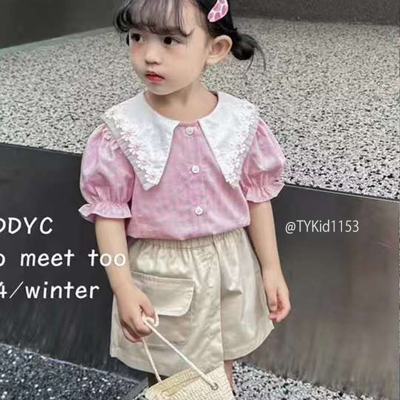 S1153-Quần áo hè bé gái, áo sơ mi hồng và quần giả váy Tiểu Yến KID