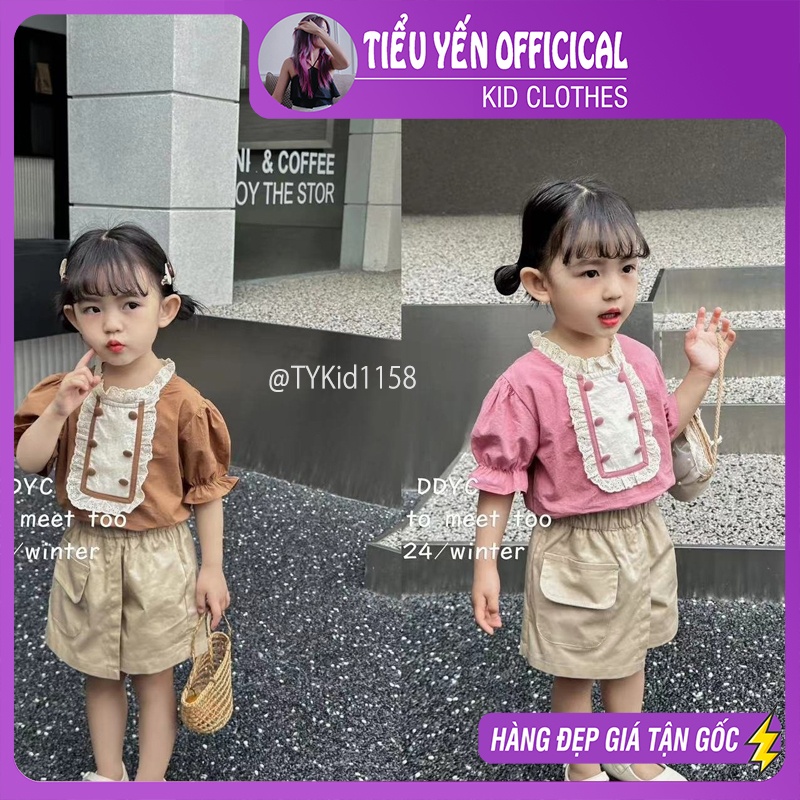 S1158-Quần áo hè bé gái phong cách Hàn, áo cổ ren 2 màu và quần giả váy Tiểu Yến KID