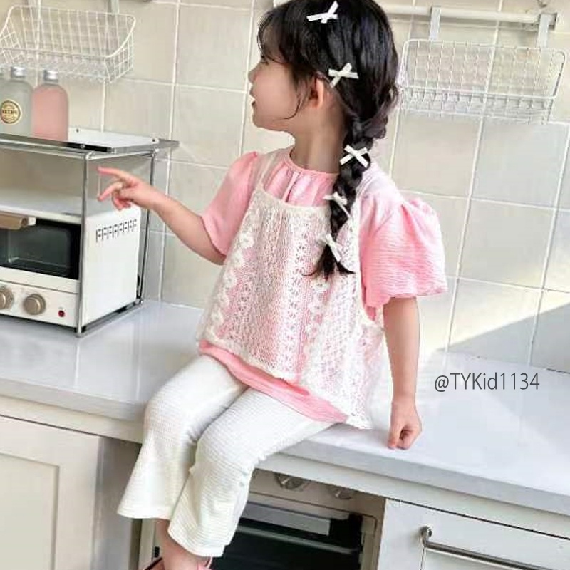 S1134-Quần áo hè bé gái, set 3 chi tiết áo thun áo 2 dây ren và quần lửng Tiểu Yến KID