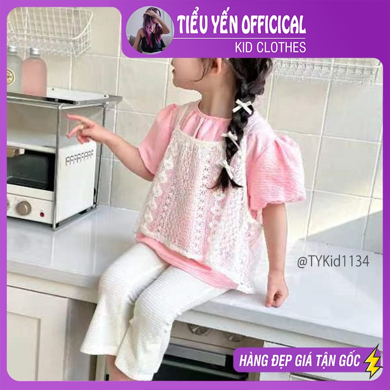 S1134-Quần áo hè bé gái, set 3 chi tiết áo thun áo 2 dây ren và quần lửng Tiểu Yến KID