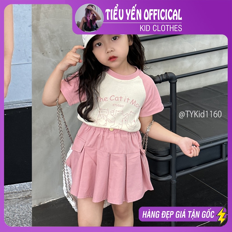 S1160-Quần áo hè bé gái, áo thun mèo hồng trắng và chân váy xếp ly hồng Tiểu Yến KID