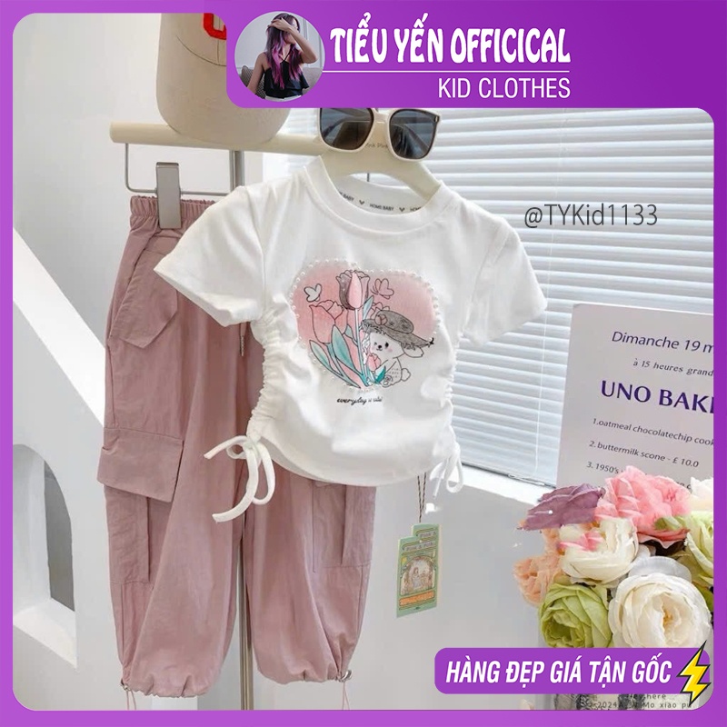 S1133-Quần áo hè bé gái, set áo thỏ trắng và quần túi hộp hồng Tiểu Yến KID