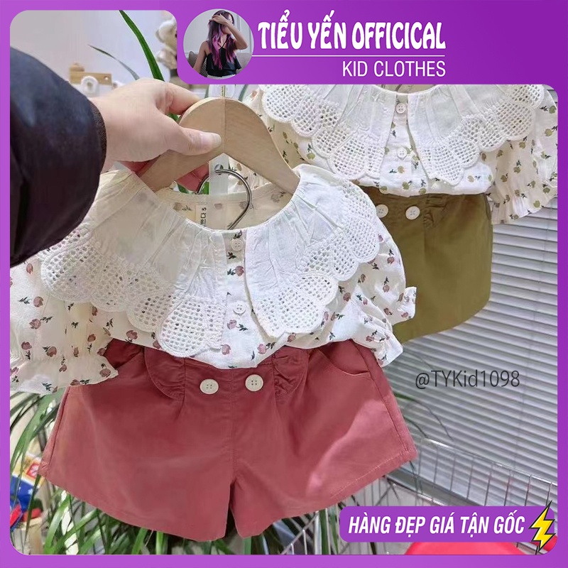 S1098-Quần áo hè bé gái cao cấp, áo sơ mi hoa hồng cổ ren và quần thô Tiểu Yến KID