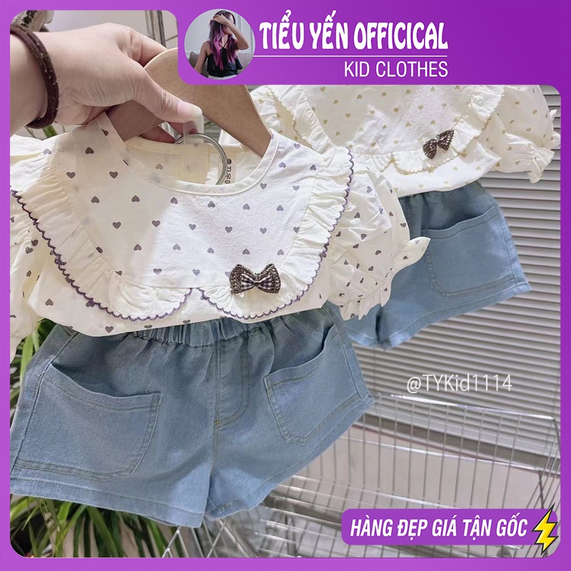 S1114-Quần áo hè bé gái, set áo thô họa tiết trái tim tím và quần jean mềm Tiểu Yến KID