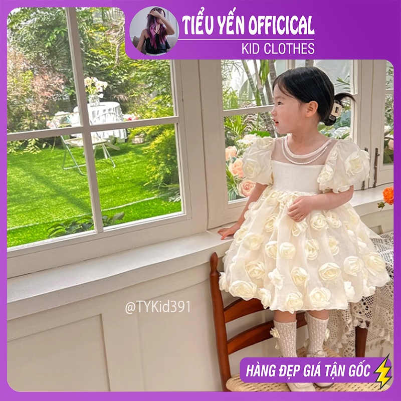 V391-Váy công chúa bé gái, váy hoa hồng kem 3D tiểu thư có vải lót Tiểu Yến KID