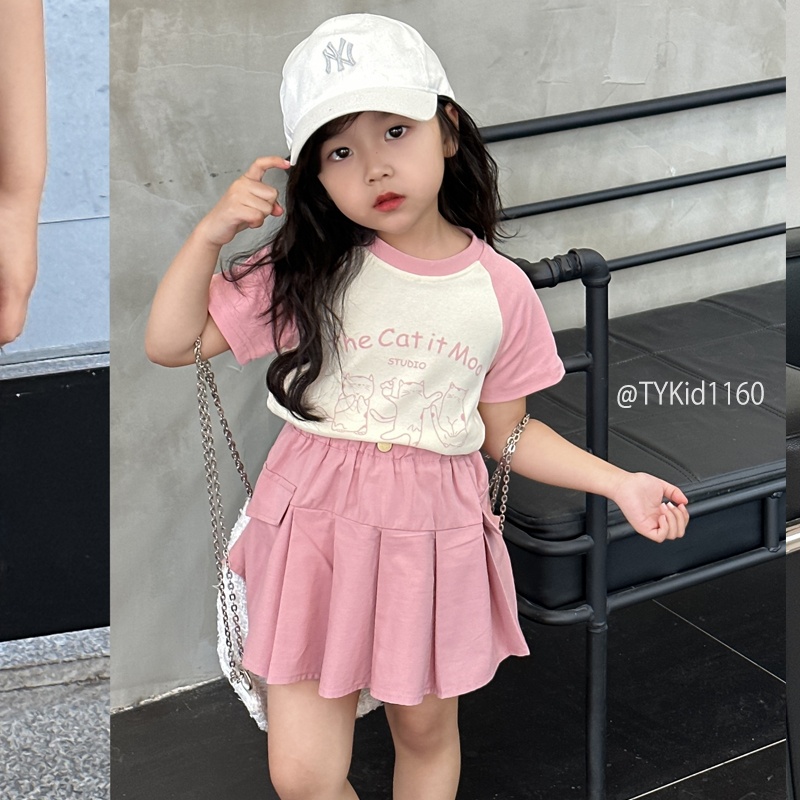 S1160-Quần áo hè bé gái, áo thun mèo hồng trắng và chân váy xếp ly hồng Tiểu Yến KID