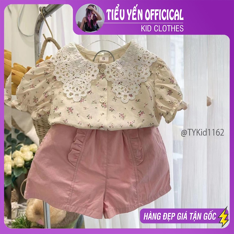 S1162-Quần áo hè bé gái, áo hoa nhí kem cổ ren tiểu thư và quần thô Tiểu Yến KID