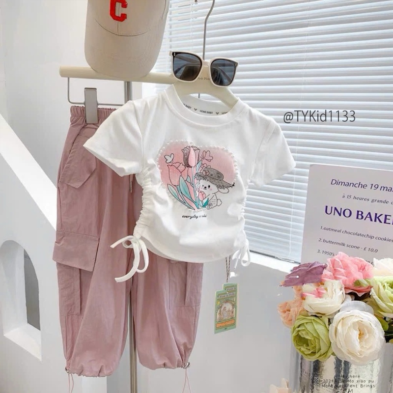 S1133-Quần áo hè bé gái, set áo thỏ trắng và quần túi hộp hồng Tiểu Yến KID