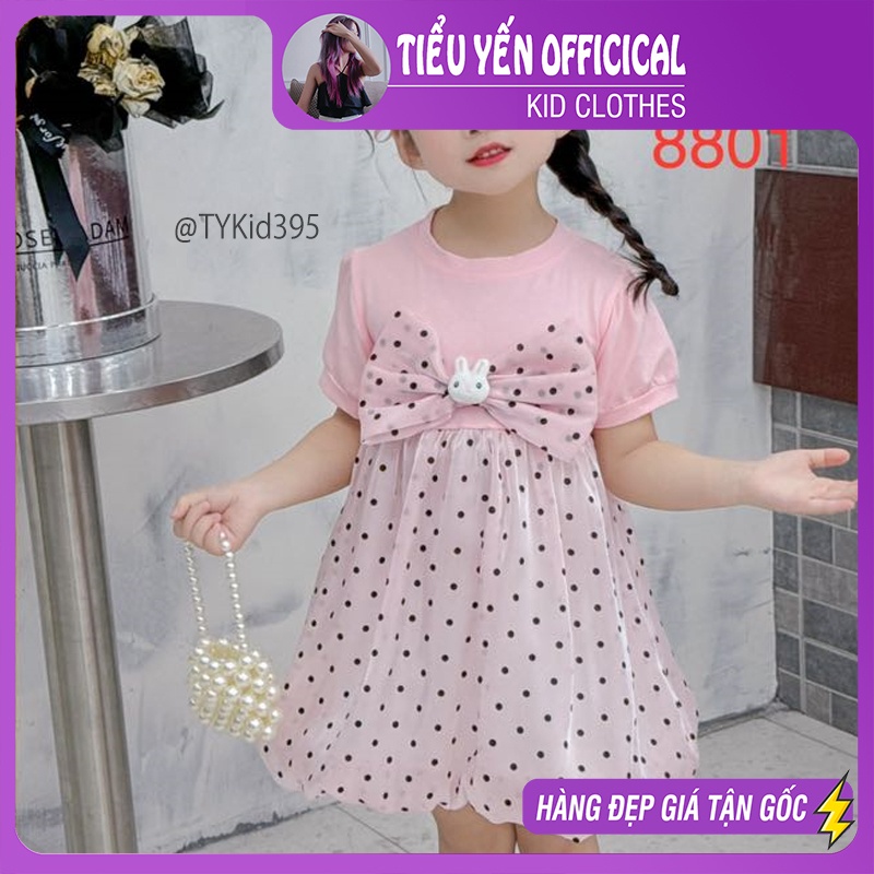 V395-Váy hè bé gái, váy thỏ hồng voan chấm bi vải mềm mát Tiểu Yến KID