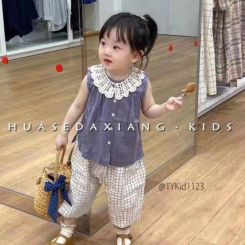 S1123-Quần áo hè bé gái, áo thô tím cổ ren rời, quần thô lửng Tiểu Yến KID