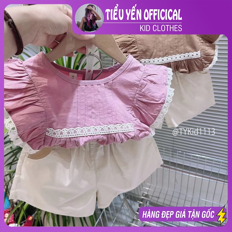 S1113-Quần áo hè bé gái, set áo thô hồng tím phối ren, quần kaki thô mềm Tiểu Yến KID