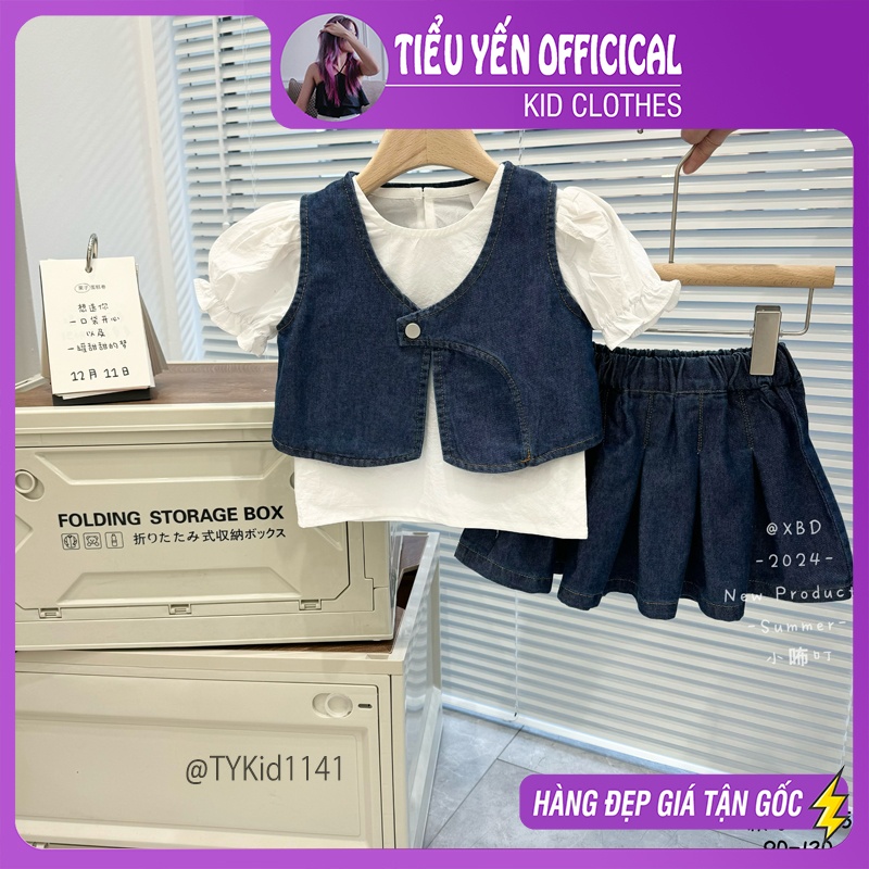 S1141-Quần áo hè bé gái, set 3 chi tiết sơ mi trắng áo jean và chân váy jean Tiểu Yến KID