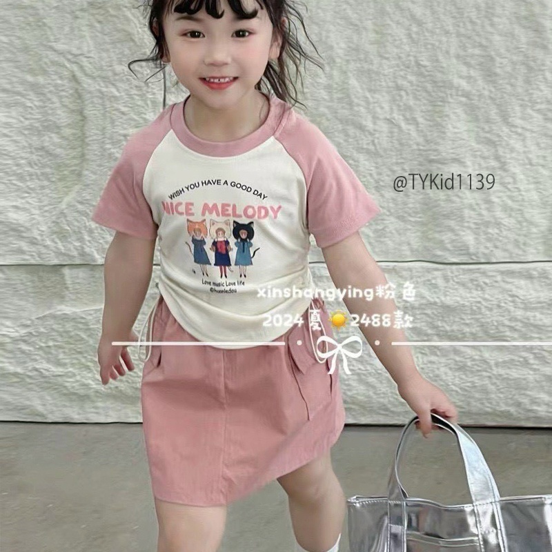 S1139-Quần áo hè bé gái, set áo thun mèo kem hồng và chân váy hồng Tiểu Yến KID