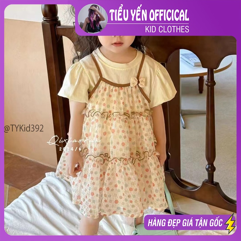 V392-Váy hè bé gái phong cách Hàn, váy 2 dây chấm bi mix áo thun Tiểu Yến KID