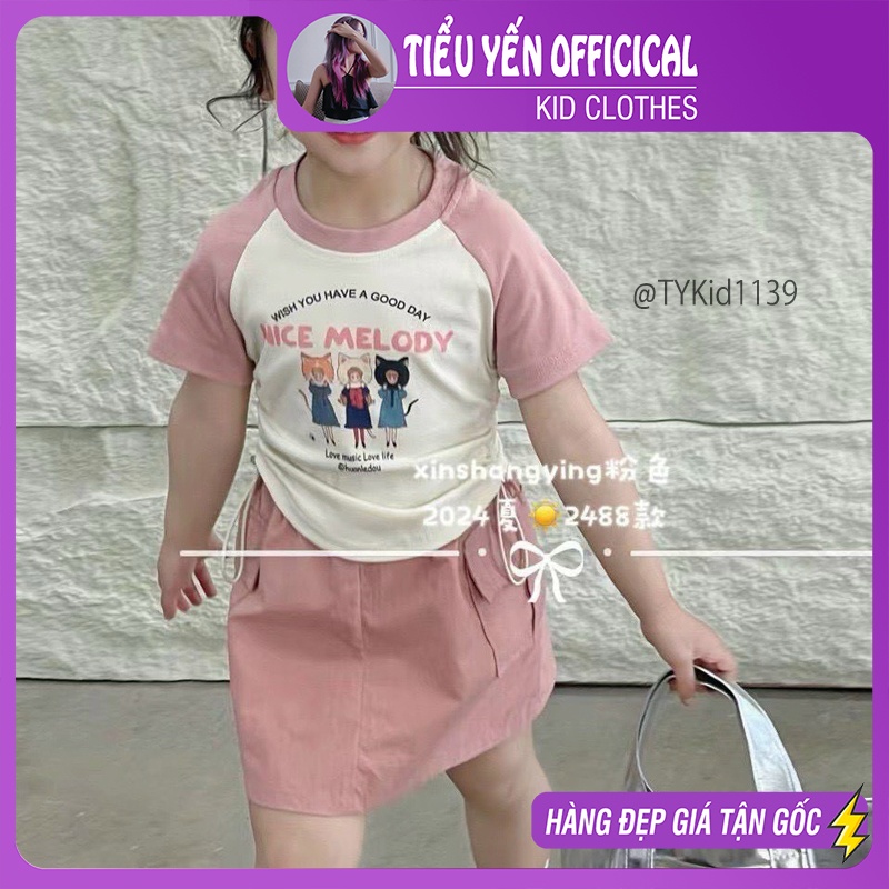 S1139-Quần áo hè bé gái, set áo thun mèo kem hồng và chân váy hồng Tiểu Yến KID