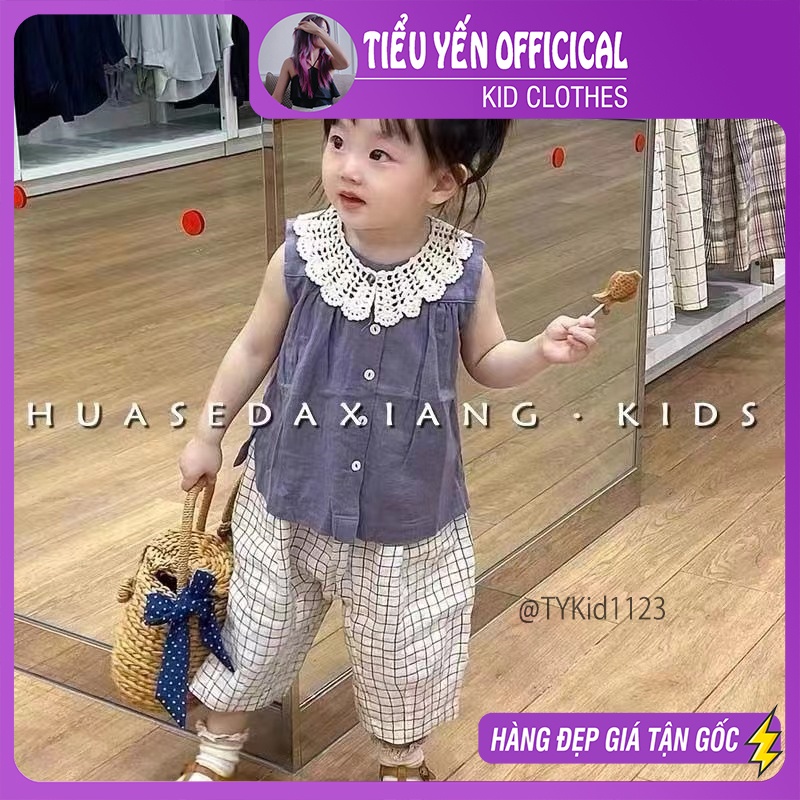 S1123-Quần áo hè bé gái, áo thô tím cổ ren rời, quần thô lửng Tiểu Yến KID