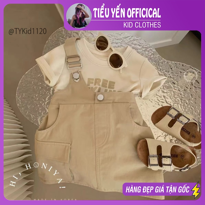 S1120-Quần áo hè bé gái, yếm lệch vai bé gái màu nâu style Hàn Tiểu Yến KID