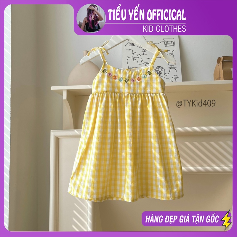 V409-Váy hè bé gái, váy 2 dây họa tiết caro vàng, vải mềm mát Tiểu Yến KID