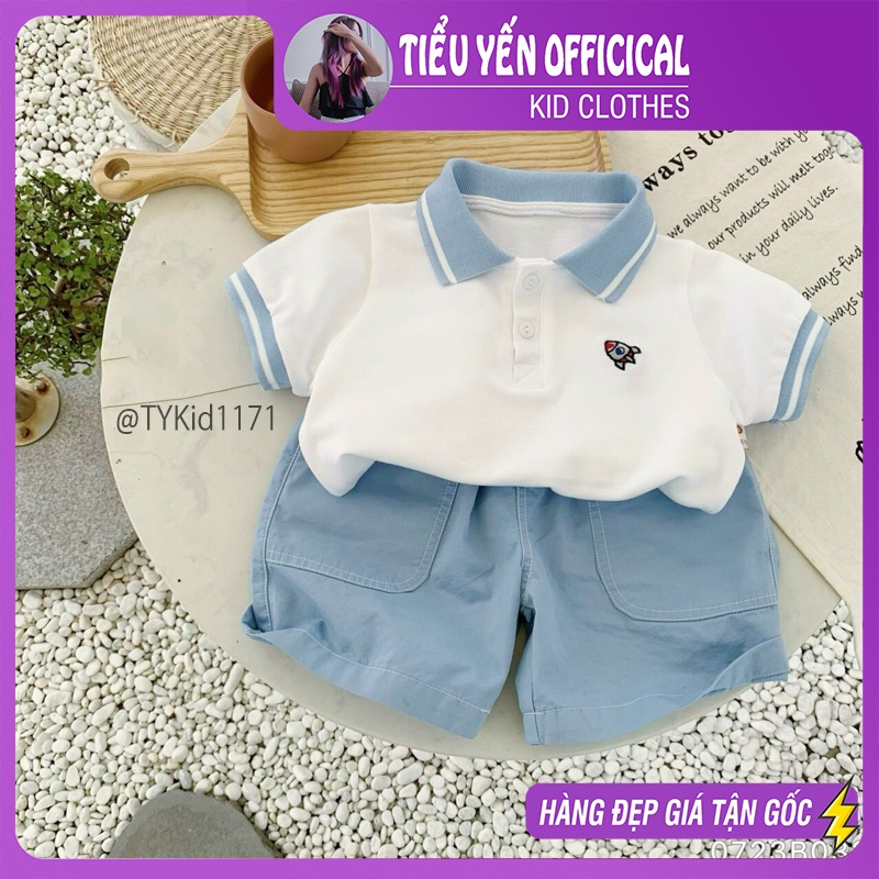 S1171-Quần áo hè bé trai, set áo polo trắng và quần thô xanh Tiểu Yến KID