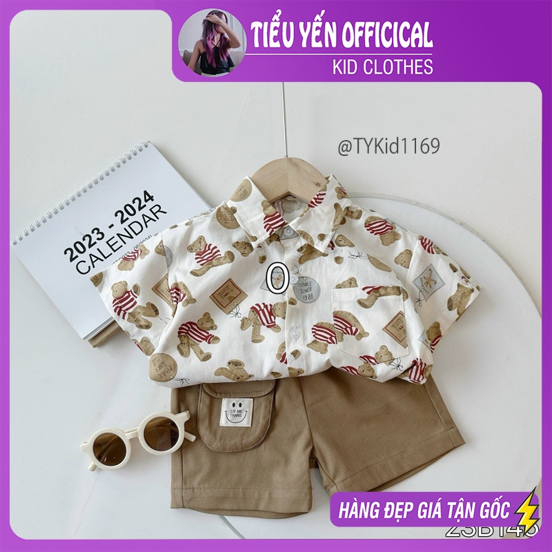 S1169-Quần áo hè bé trai, set sơ mi gấu và quần kaki Tiểu Yến KID