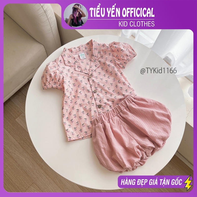 S1166-Quần áo hè bé gái, pijama thô hoa nhí hồng Tiểu Yến KID