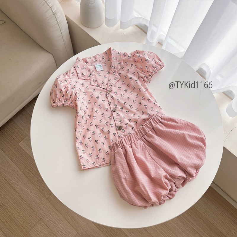 S1166-Quần áo hè bé gái, pijama thô hoa nhí hồng Tiểu Yến KID