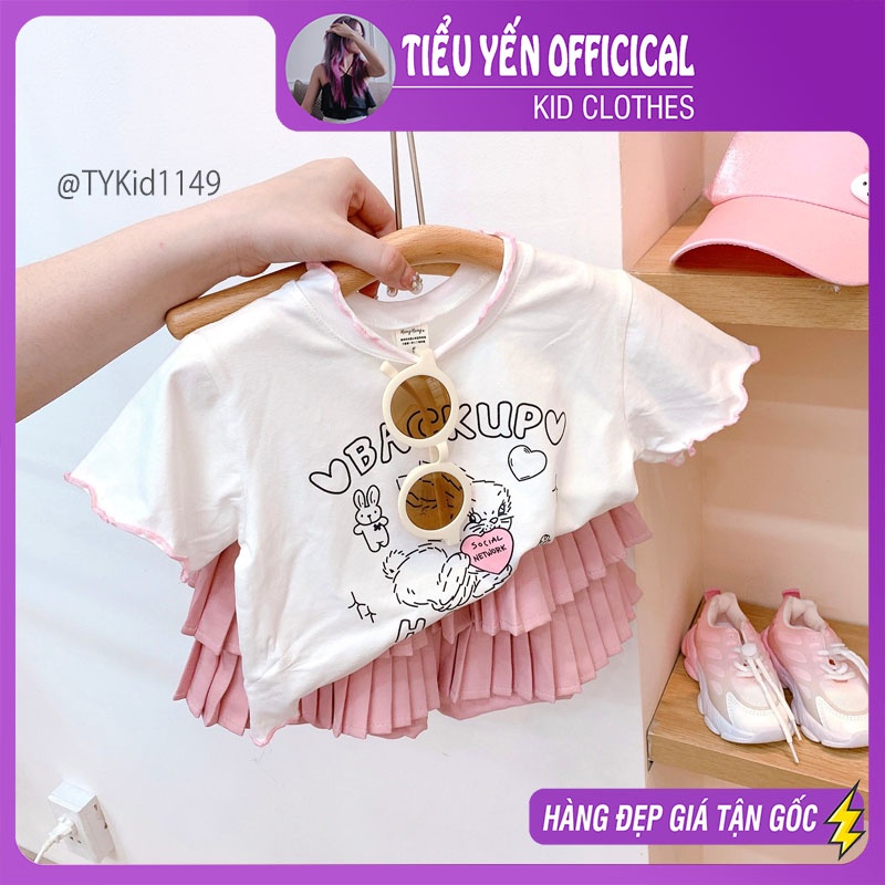 S1149-Quần áo hè bé gái, áo thun thỏ trắng và chân váy xếp ly hồng 2 tầng Tiểu Yến KID