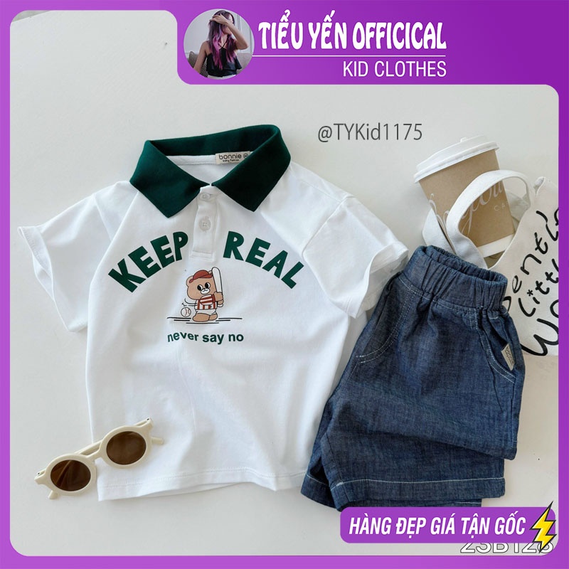 S1175-Quần áo hè bé trai, set polo gấu trắng quần jean mềm Tiểu Yến KID