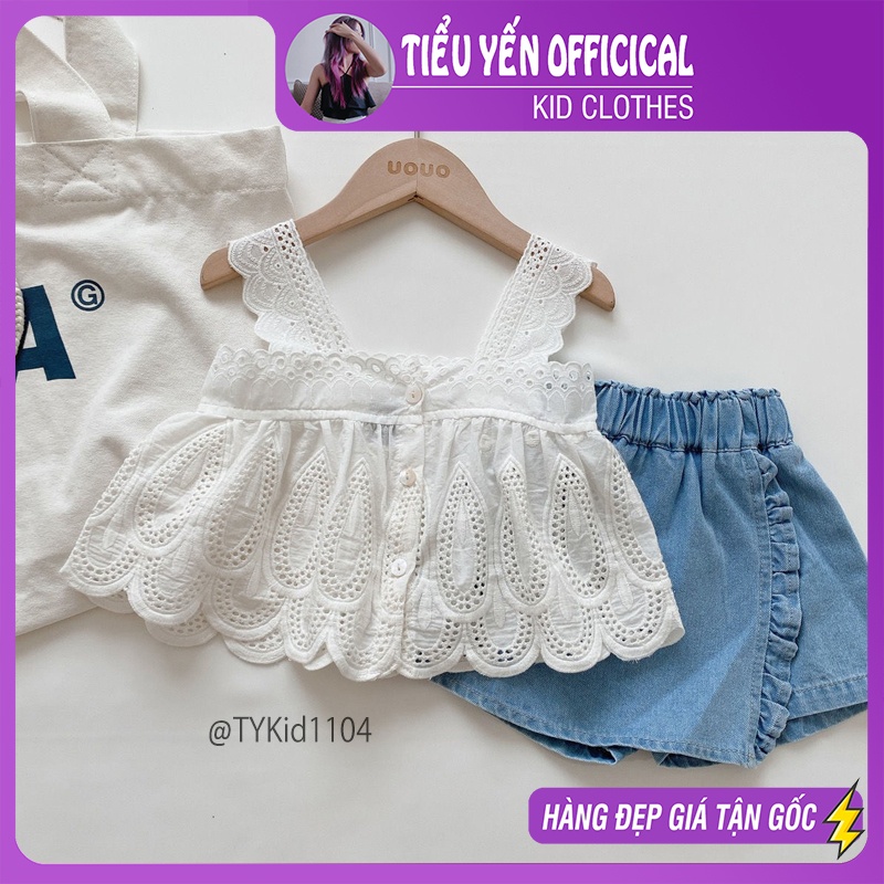 S1104-Quần áo hè bé gái, set 2 dây thô trắng thêu hoa và quần jean giả váy Tiểu Yến KID