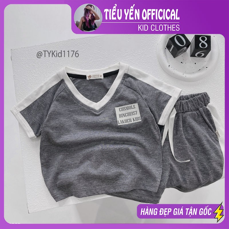 S1176-Quần áo hè bé trai, set thun cổ tim xám vải mềm mát Tiểu Yến KID