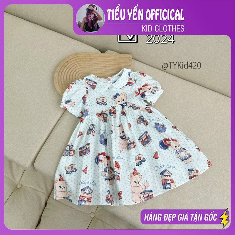 V420-Váy hè bé gái, váy thô họa tiết gấu dễ thương vải mềm mát Tiểu Yến KID