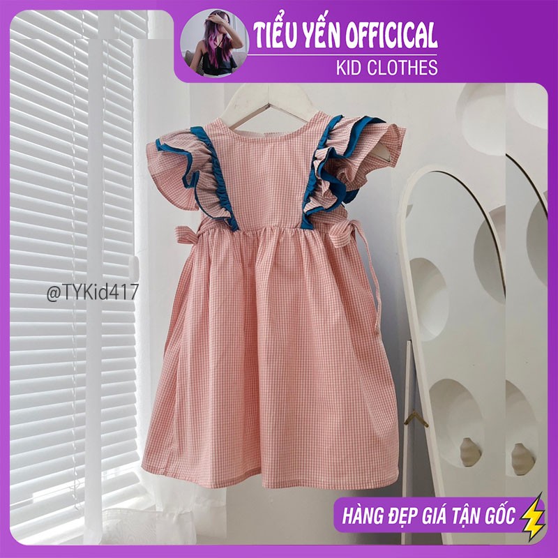 V417-Váy hè bé gái, váy thô cánh tiên họa tiết caro hồng Tiểu Yến KID